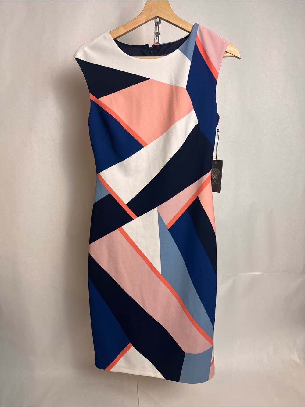 Vince Camuto Colorblock Geometric Midi Dress in Pink, Navy & White